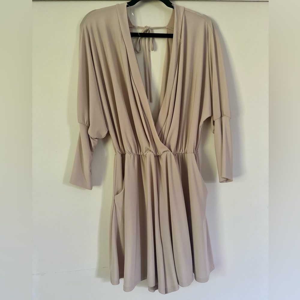 Soft Taupe Romper with Pockets | Draped V-Neck